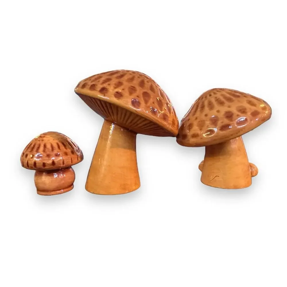 Set of 3 70s Retro Vintage MCM Mid Century Ceramic Mushroom Fairy Figurines Set